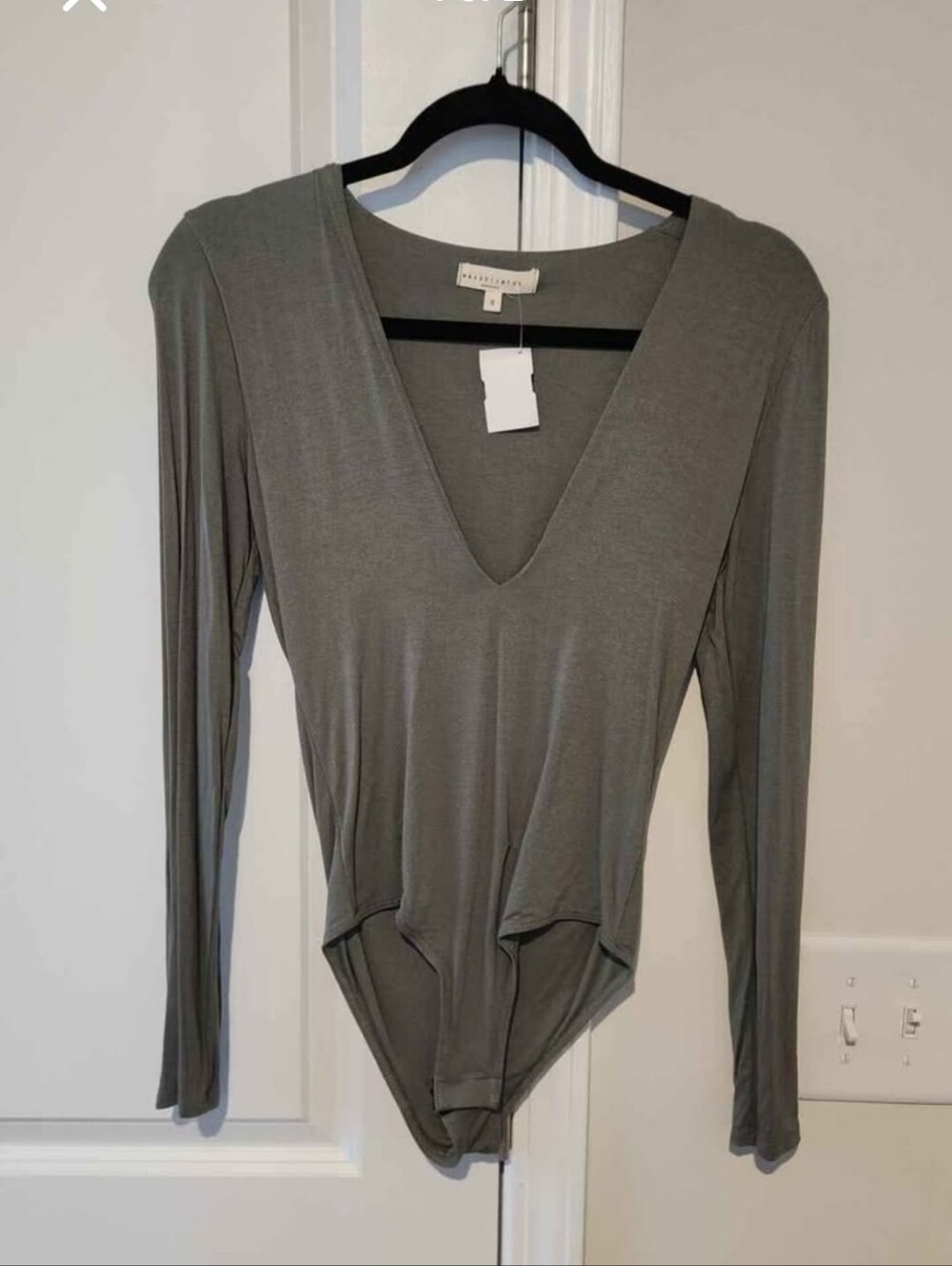 Babaton Deep V Long-Sleeve Bodysuit in Gray